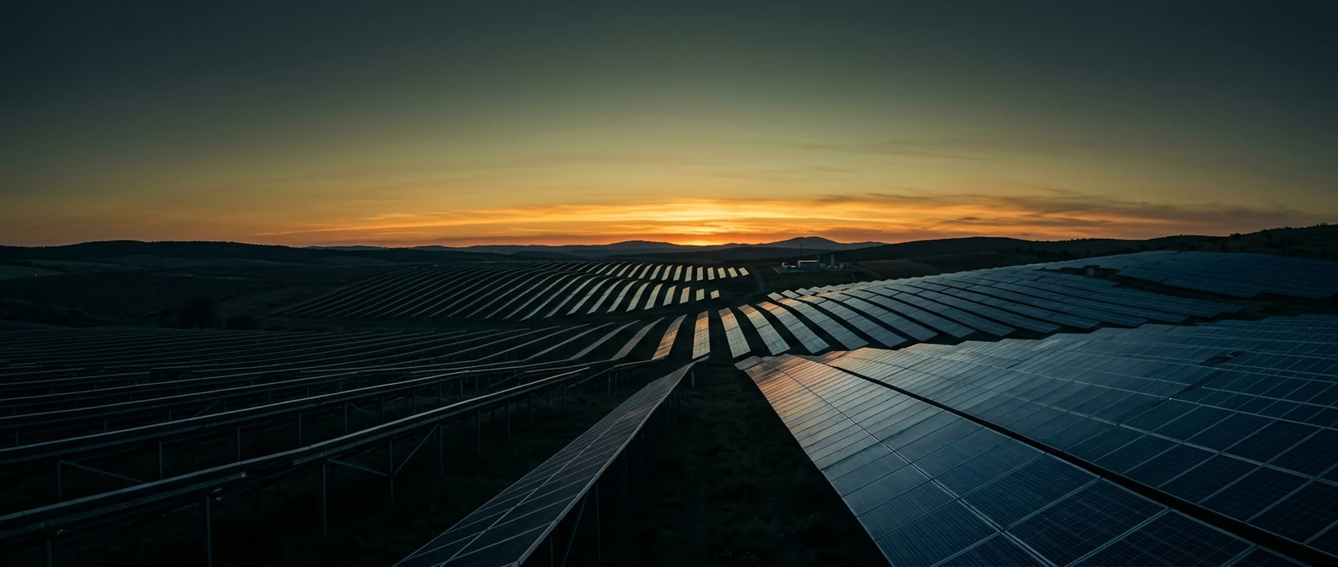 Campo de painéis solares ao entardecer